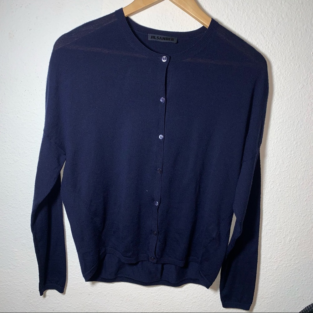Jill Sander Navy Cardigan with Pleat Size Small